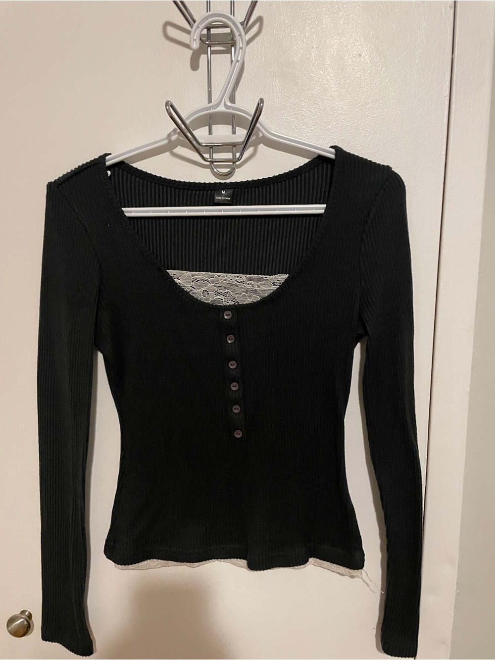4/$20 Black Ribbed Long-Sleeve Scoop Neck Top with Lace Trim